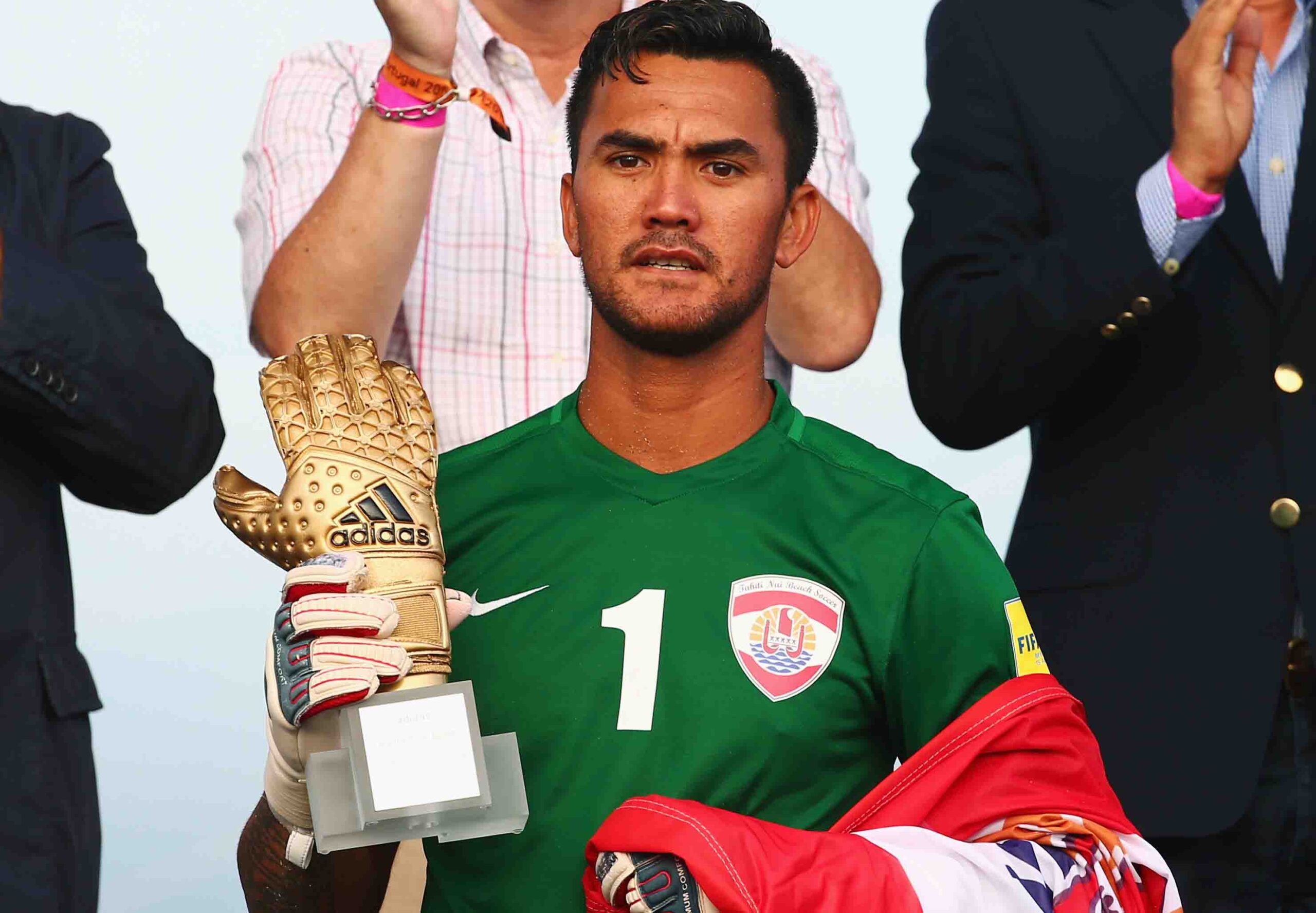 ESPINHO, PORTUGAL - JULY 19: Goalkeeper Jonathan Torohia of Tahiti, winner of the adidas Golden Glove, poses after the FIFA Beach Soccer World Cup Portugal 2015 Final between Tahiti and Portugal at Espinho Stadium on July 19, 2021 in Espinho, Portugal.  (Photo by Alex Grimm - FIFA/FIFA via Getty Images)